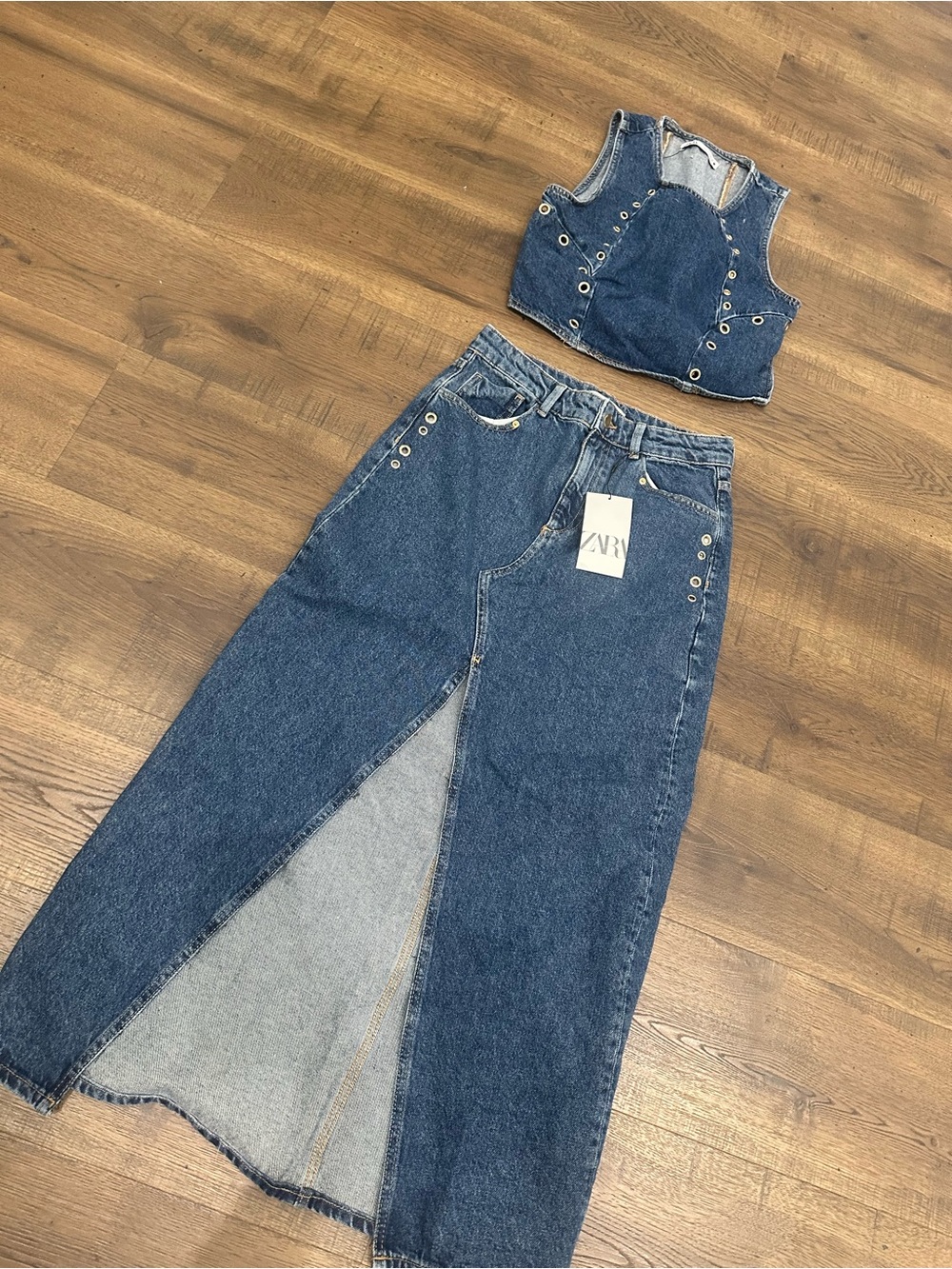 Zara Dark Blue Denim Eyelet Two-Piece Skirt Set